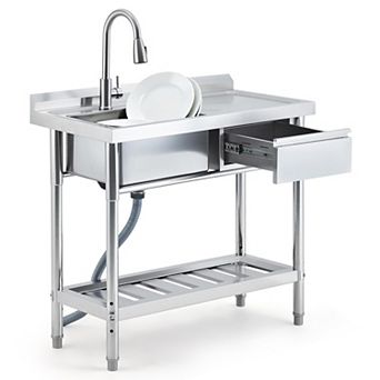 Stainless Steel Utility Sink with Workbench & Drawer, Single Bowl w/Pull-Out Hot and Cold Faucet