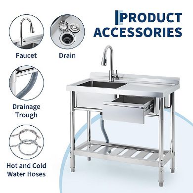Stainless Steel Utility Sink with Workbench & Drawer, Single Bowl w/Pull-Out Hot and Cold Faucet