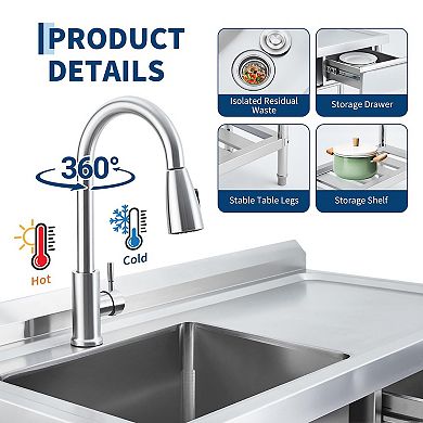 Stainless Steel Utility Sink with Workbench & Drawer, Single Bowl w/Pull-Out Hot and Cold Faucet