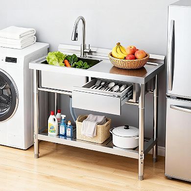 Stainless Steel Utility Sink with Workbench & Drawer, Single Bowl w/Pull-Out Hot and Cold Faucet