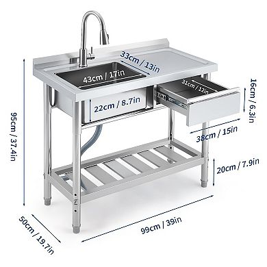 Stainless Steel Utility Sink with Workbench & Drawer, Single Bowl w/Pull-Out Hot and Cold Faucet