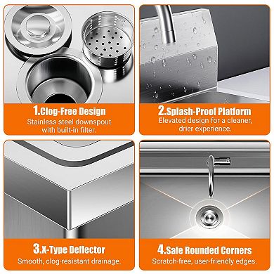 20x20x34" Freestanding Stainless Steel Utility Sink, 304 Steel Deep Bowl w/Hot/Cold Pull-Out Faucet