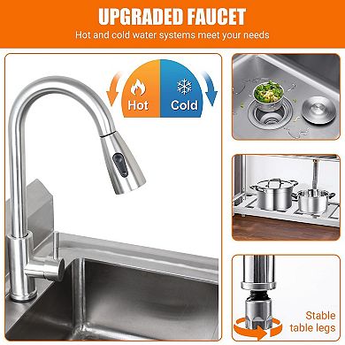 20x20x34" Freestanding Stainless Steel Utility Sink, 304 Steel Deep Bowl w/Hot/Cold Pull-Out Faucet