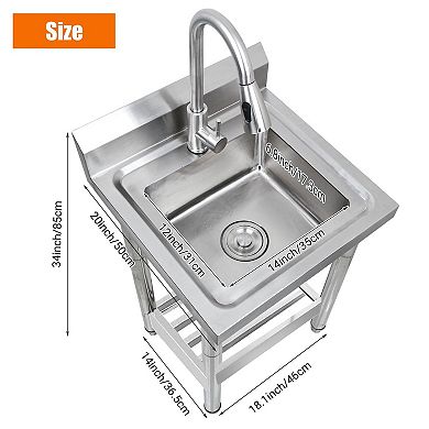 20x20x34" Freestanding Stainless Steel Utility Sink, 304 Steel Deep Bowl w/Hot/Cold Pull-Out Faucet