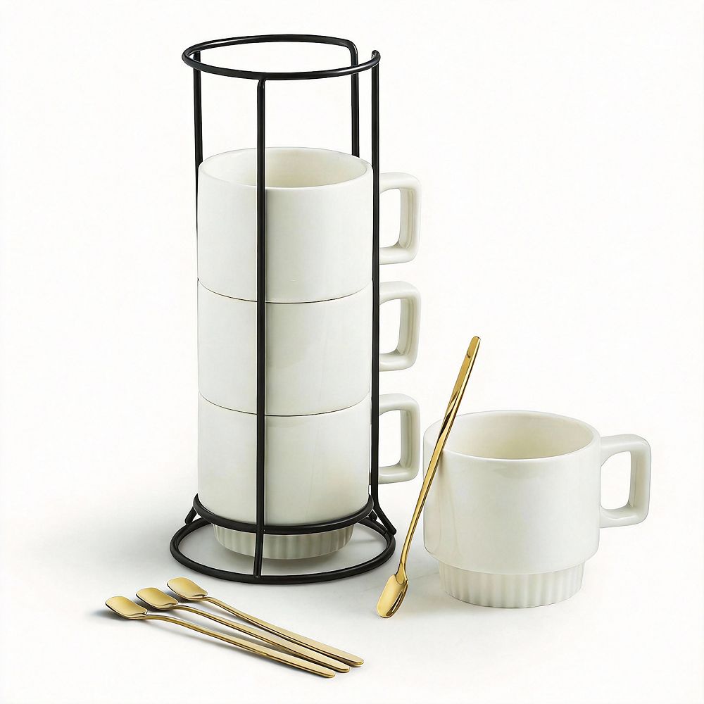 Stackable Ceramic Mug Set with Holder and Spoons for Coffee Latte Tea ...