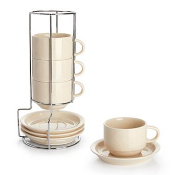 Porcelain Stackable Cappuccino Cups with Saucers and Metal Stand Set Of 4 - 8 Oz