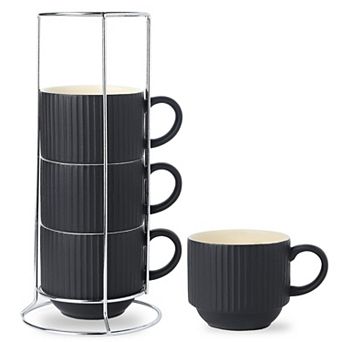 Ribbed Ceramic Latte Cups with Stand Stackable Microwave Safe Set Of 4 - 15 Oz