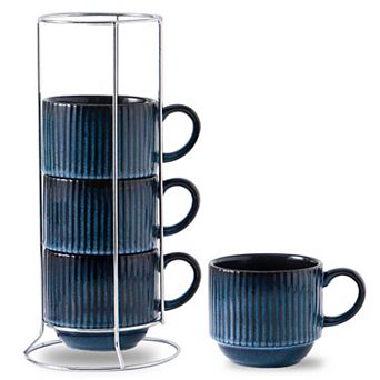 Ribbed Ceramic Latte Cups with Stand Stackable Microwave Safe Set Of 4 - 15 Oz