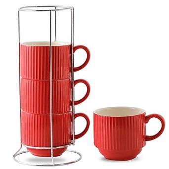 Ribbed Ceramic Latte Cups with Stand Stackable Microwave Safe Set Of 4 - 15 Oz