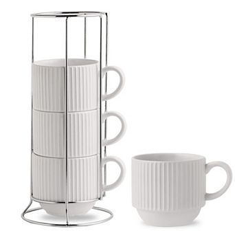 Ribbed Ceramic Latte Cups with Stand Stackable Microwave Safe Set Of 4 - 15 Oz