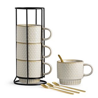 Stackable Coffee Mugs with Rack and Spoons Set Of 4 - 13 Oz