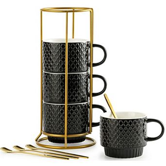 Stackable Coffee Mugs with Rack and Spoons Set Of 4 - 13 Oz