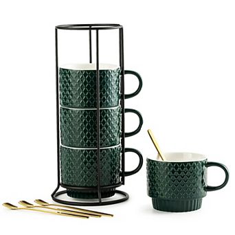 Stackable Coffee Mugs with Rack and Spoons Set Of 4 - 13 Oz