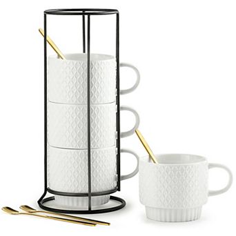 Stackable Coffee Mugs with Rack and Spoons Set Of 4 - 13 Oz
