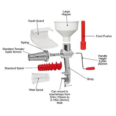 Apple & Tomato Sauce Maker, Clamp-Based Food Strainer, Model 250 Removes Skins & Seeds