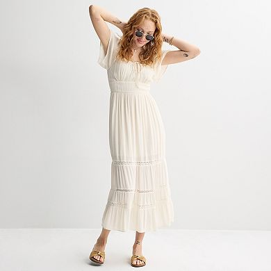 Juniors' Rewind Flutter Sleeve Crochet Maxi Dress