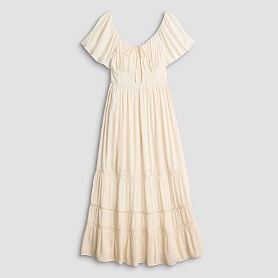 Juniors' Rewind Flutter Sleeve Crochet Maxi Dress