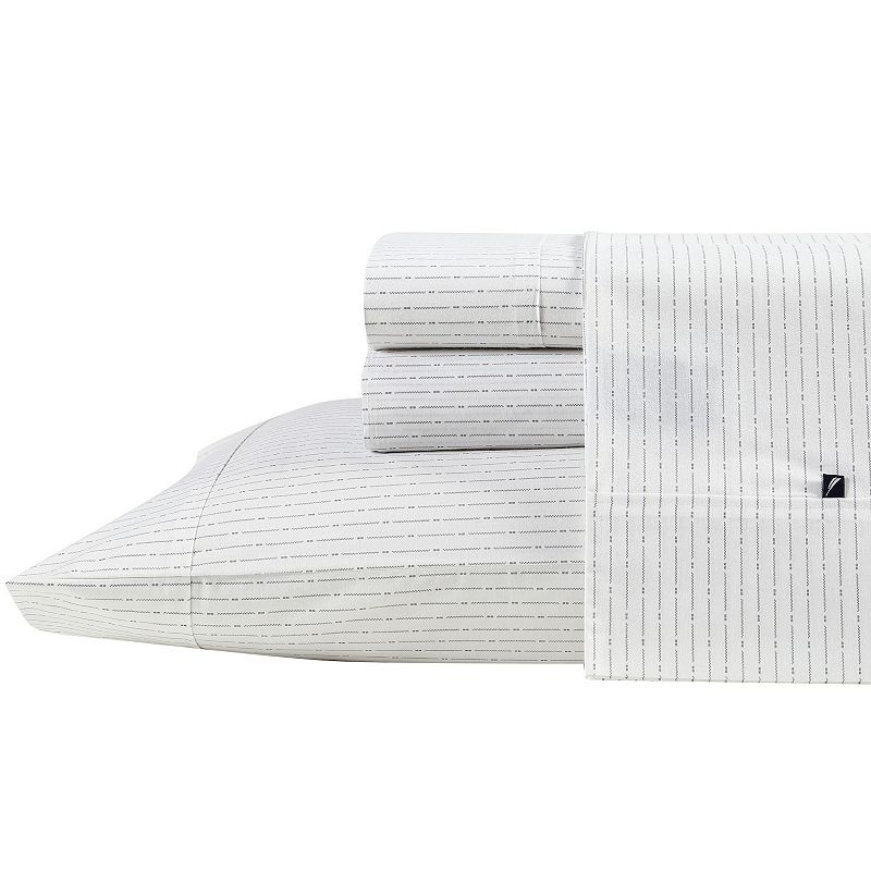 Nautica Cotton Percale Sheet Set with Pillowcases, Buoy Line Gray