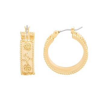 LC Lauren Conrad Gold Tone Engraved Floral Hoop Earrings