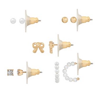 LC Lauren Conrad 5-Pair Gold-Tone Simulated Pearl & Bows Earrings