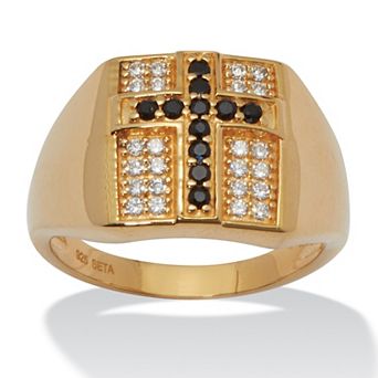 PalmBeach Jewelry .22 TCW Men's Round Black Spinel and CZ Gold-Plated Sterling Silver Cross Ring