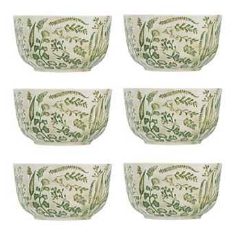 Hello Honey White Stoneware Bowl with Hand-Stamped & Embossed Green Pattern (Set of 6 Bowls)