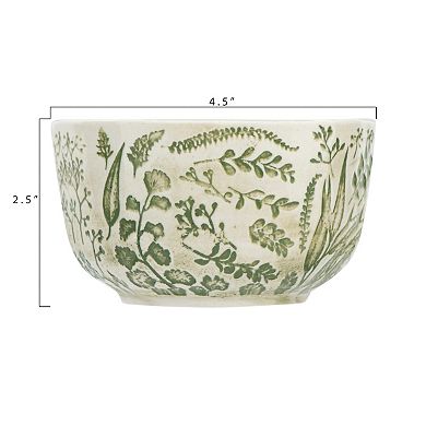 Hello Honey White Stoneware Bowl with Hand-Stamped & Embossed Green Pattern (Set of 6 Bowls)