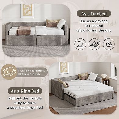 Merax Upholstered Extendable Daybed Frame with Trundle,Space-Saving Twin to King Design