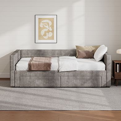 Merax Upholstered Extendable Daybed Frame with Trundle,Space-Saving Twin to King Design