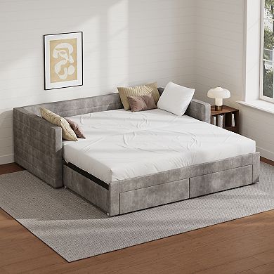 Merax Upholstered Extendable Daybed Frame with Trundle,Space-Saving Twin to King Design