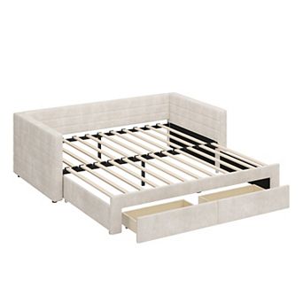 Merax Upholstered Extendable Daybed Frame with Trundle,Space-Saving Twin to King Design