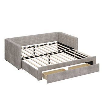 Merax Upholstered Extendable Daybed Frame with Trundle,Space-Saving Twin to King Design
