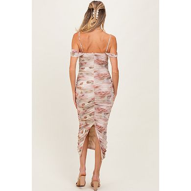 Maternity Rose Floral Mesh Ruched Off Shoulder Midi Dress