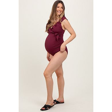 Maternity Rib Ruffle V Neck Side Tie Knot Swimsuit