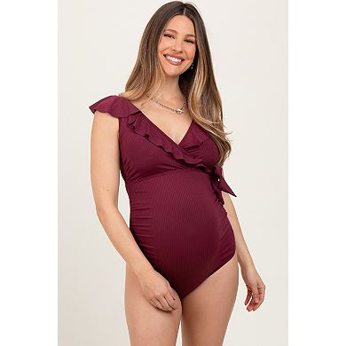 Maternity Rib Ruffle V Neck Side Tie Knot Swimsuit