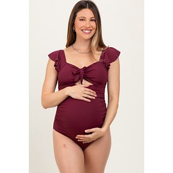 Maternity Ribbed Front Tie Cutout Ruched Maternity Swimsuit