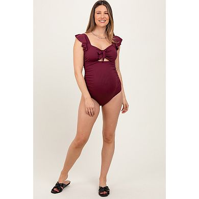 Maternity Ribbed Front Tie Cutout Ruched Maternity Swimsuit