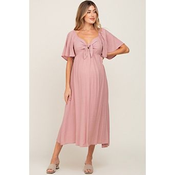 Maternity Front Tie Ruffle Sleeve Midi Dress