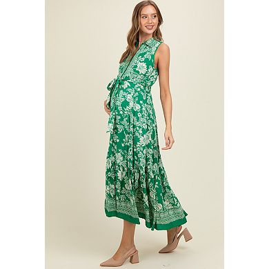 Maternity Floral Border Print Lapel Button Down Maxi Dress