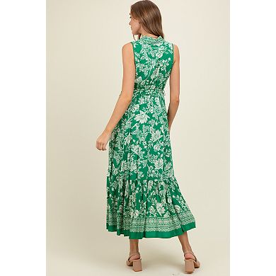 Maternity Floral Border Print Lapel Button Down Maxi Dress