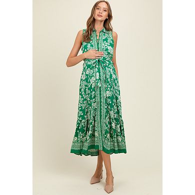 Maternity Floral Border Print Lapel Button Down Maxi Dress
