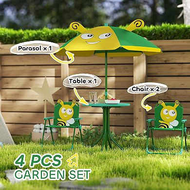 Qaba Kids Picnic Table and Chair Set with Height Adjustable Umbrella