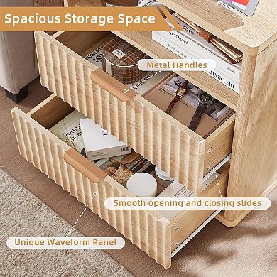 Fluted Farmhouse Nightstand Set of 2 with Charging Station - 23" Wide Bed Side Table