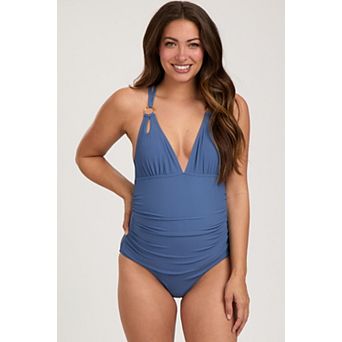 Maternity Ribbed V-Neck Ruched Criss Cross Low Back One Piece Swimsuit