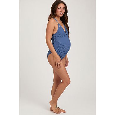 Maternity Ribbed V-Neck Ruched Criss Cross Low Back One Piece Swimsuit