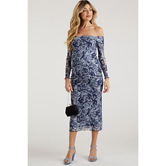 Maternity Floral Off Shoulder Mesh Knit Midi Dress