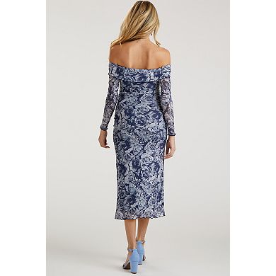 Maternity Floral Off Shoulder Mesh Knit Midi Dress