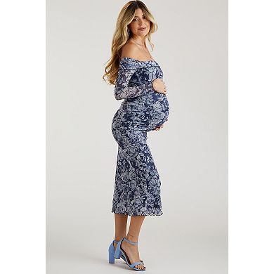 Maternity Floral Off Shoulder Mesh Knit Midi Dress