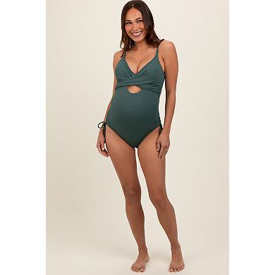 Maternity Ribbed Wrap Front Drawstring Side One-Piece Swimsuit
