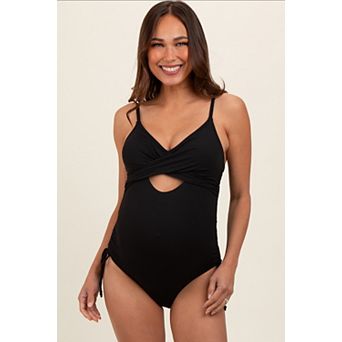Maternity Ribbed Wrap Front Drawstring Side One-Piece Swimsuit
